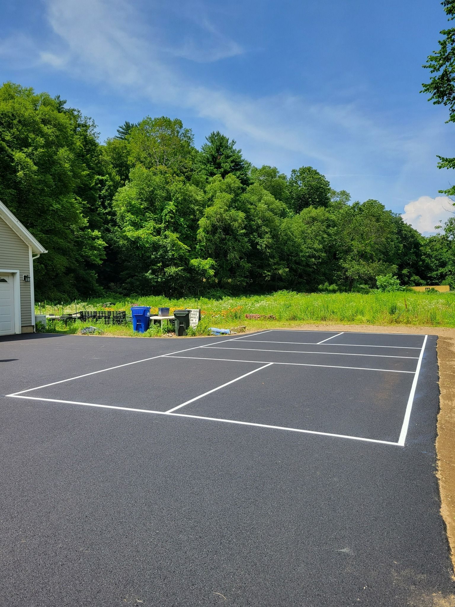 Asphalt driveway with white parking space lines; trees and building in the background on a sunny day.
