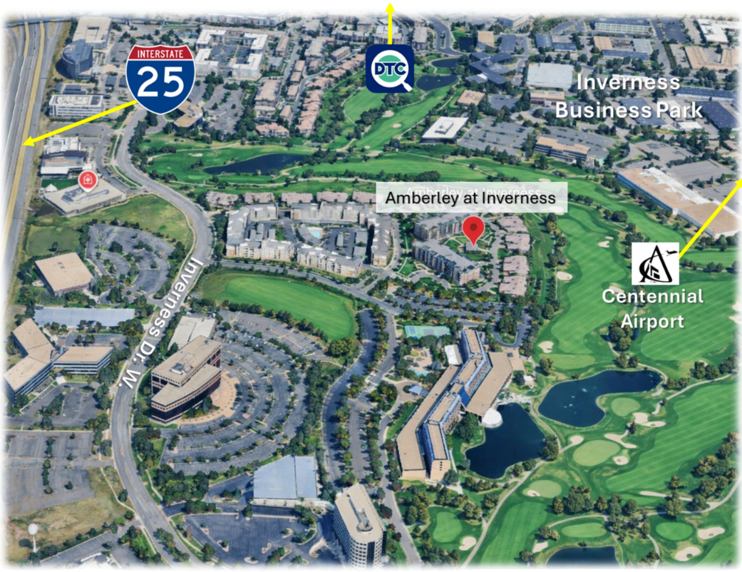 Aerial map of Irvine Business Complex near I-25 and John Wayne Airport, with green golf course and roads.