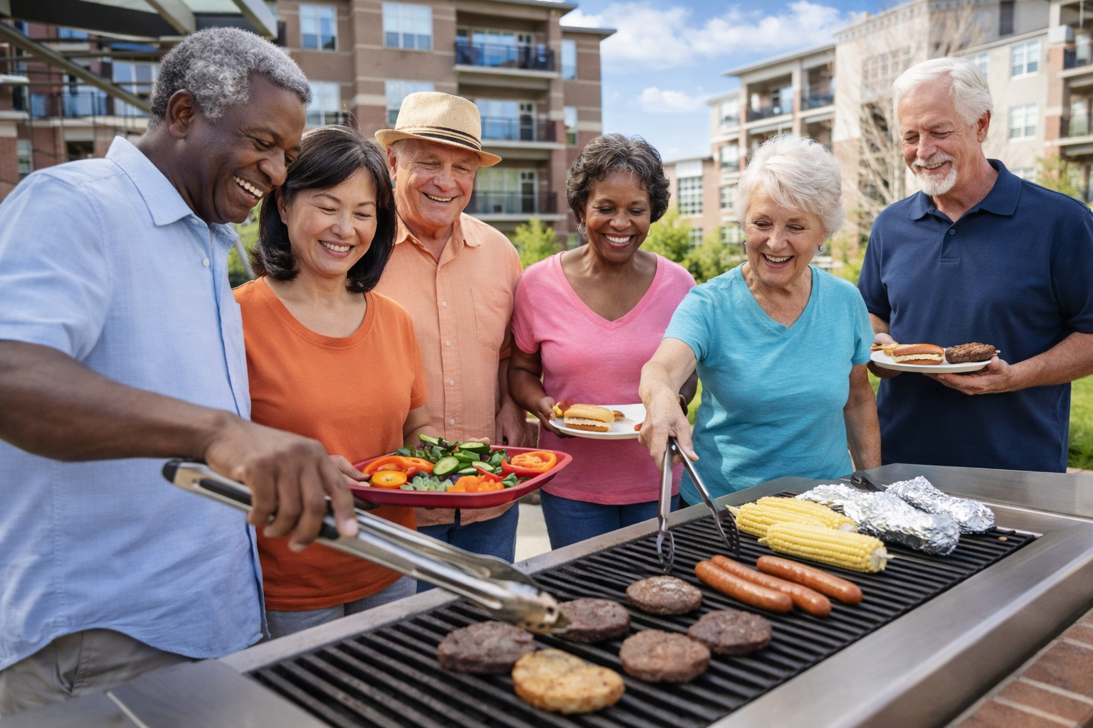 Friends grilling burgers and corn outdoors, smiling around a barbecue in a backyard.