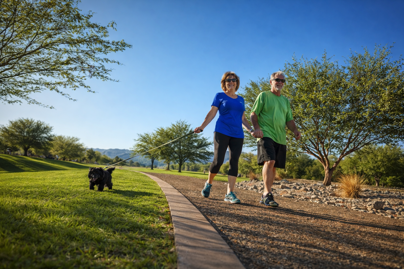 Two people jogging on a park path with a small black dog on the grass, sunny day.