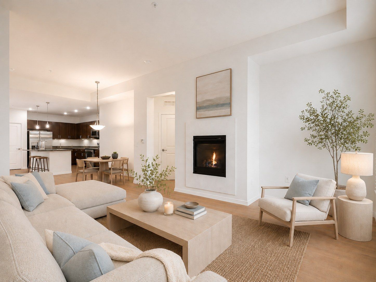 Bright modern living room with beige sofa, fireplace, armchair, coffee table, and open kitchen in background.