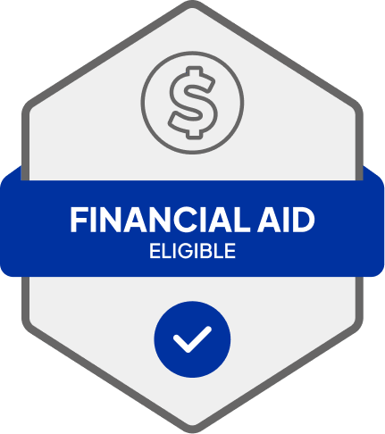 Badge: Financial Aid Eligible, blue banner, building icon, dollar sign.