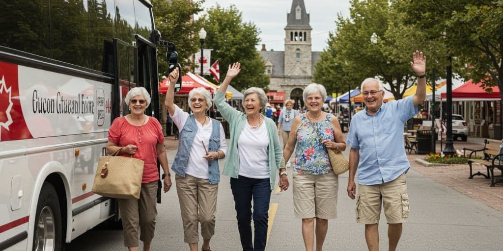 
A group of five smiling senior travellers, three women and two men, walk waving their hands on a pa