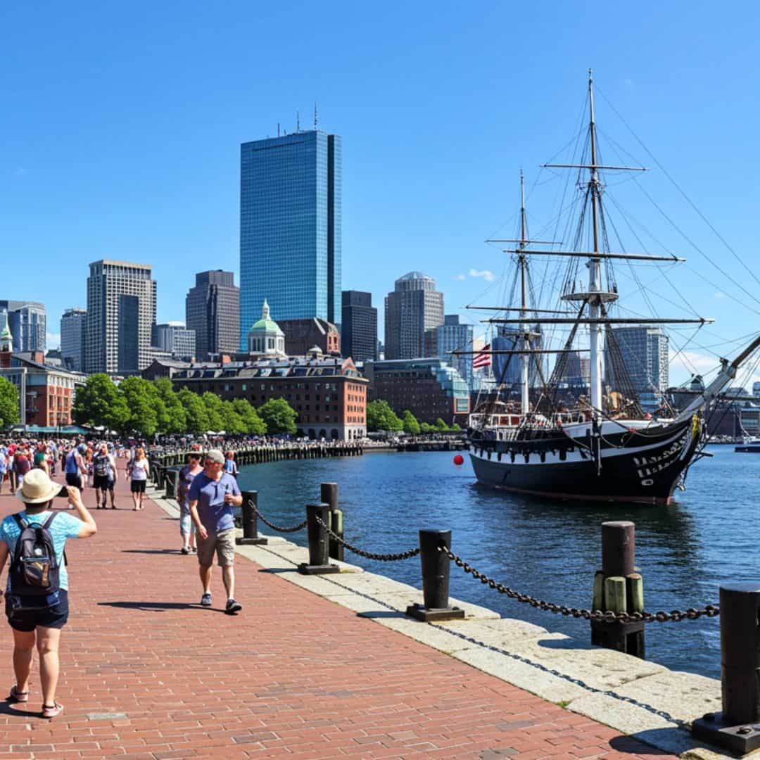 Visitors walking along Boston’s waterfront promenade with the historic tall ship USS Constitution docked in the harbor and the modern city skyline in the background on a sunny day.