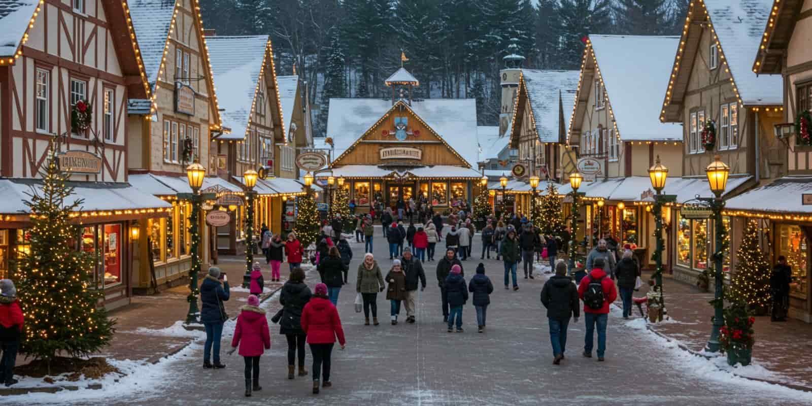 Festive winter scene in downtown Frankenmuth, Michigan, with snow-covered streets, twinkling lights, and holiday shoppers enjoying a Christmas getaway.