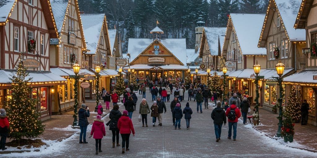 Festive winter scene in downtown Frankenmuth, Michigan, with snow-covered streets, twinkling lights, and holiday shoppers enjoying a Christmas getaway.