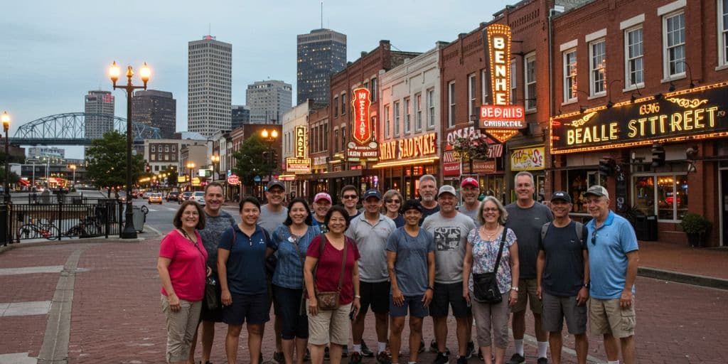 Group of senior travelers on a guided Memphis tour posing on Beale Street, with neon music venue signs and city skyline in the background.
