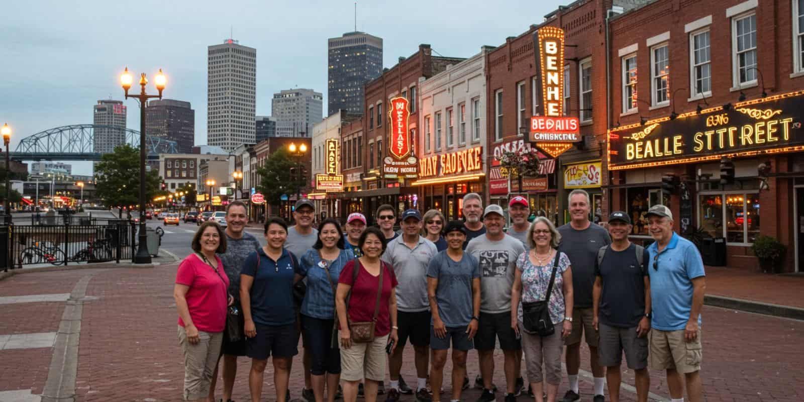 Group of senior travelers on a guided Memphis tour posing on Beale Street, with neon music venue signs and city skyline in the background.
