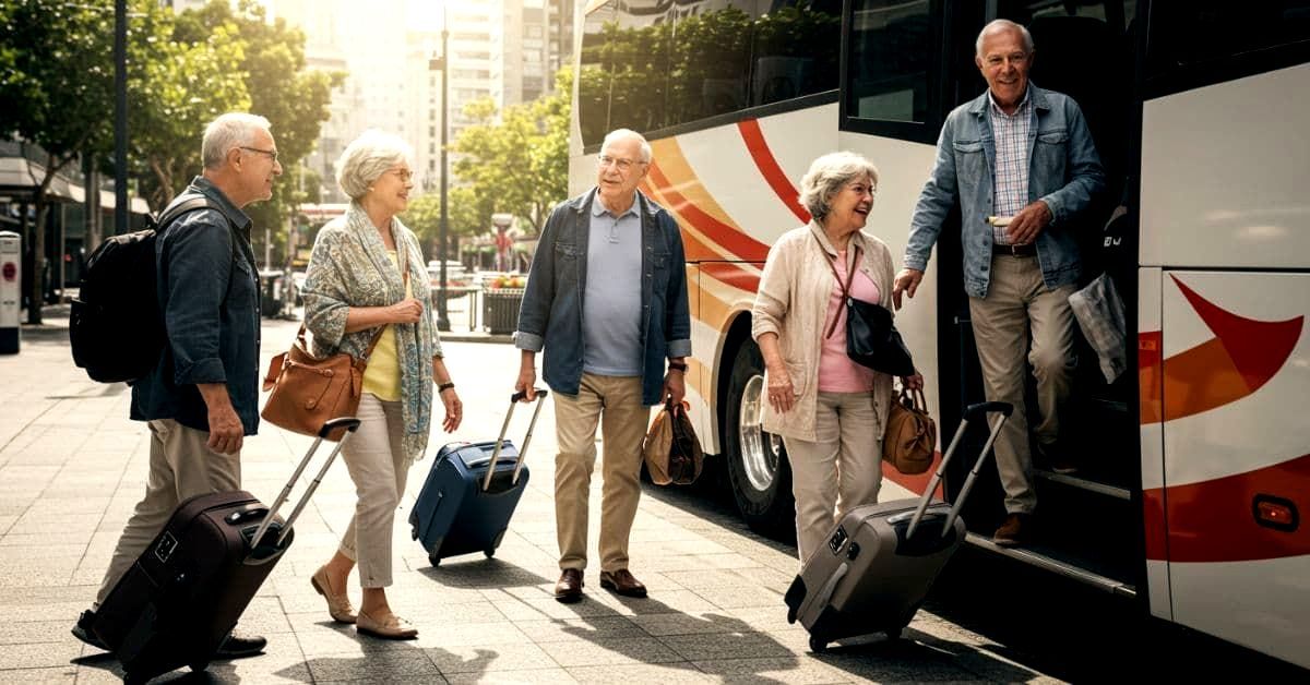 Group of happy senior travelers with rolling suitcases boarding a tour bus 