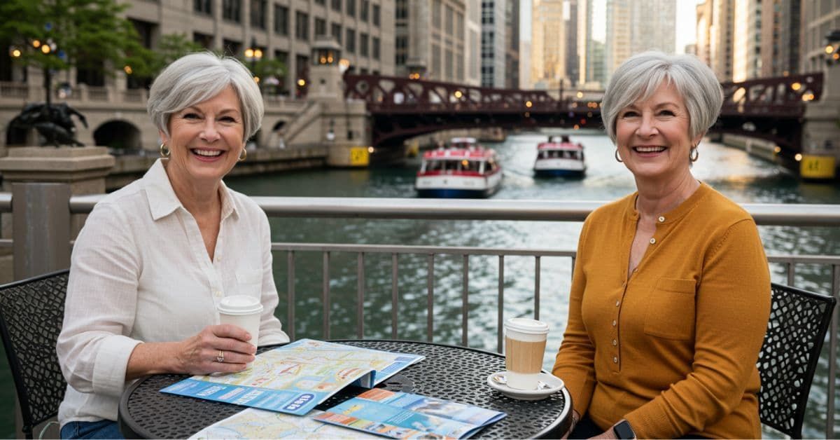 Two solo female travelers enjoying coffee and planning their city tour by the waterfront, perfect for independent senior adventurers.