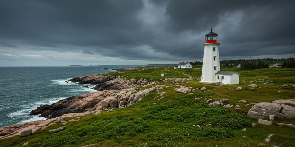 White lighthouse on a rocky coastline in Nova Scotia with dramatic storm clouds overhead and waves crashing below.