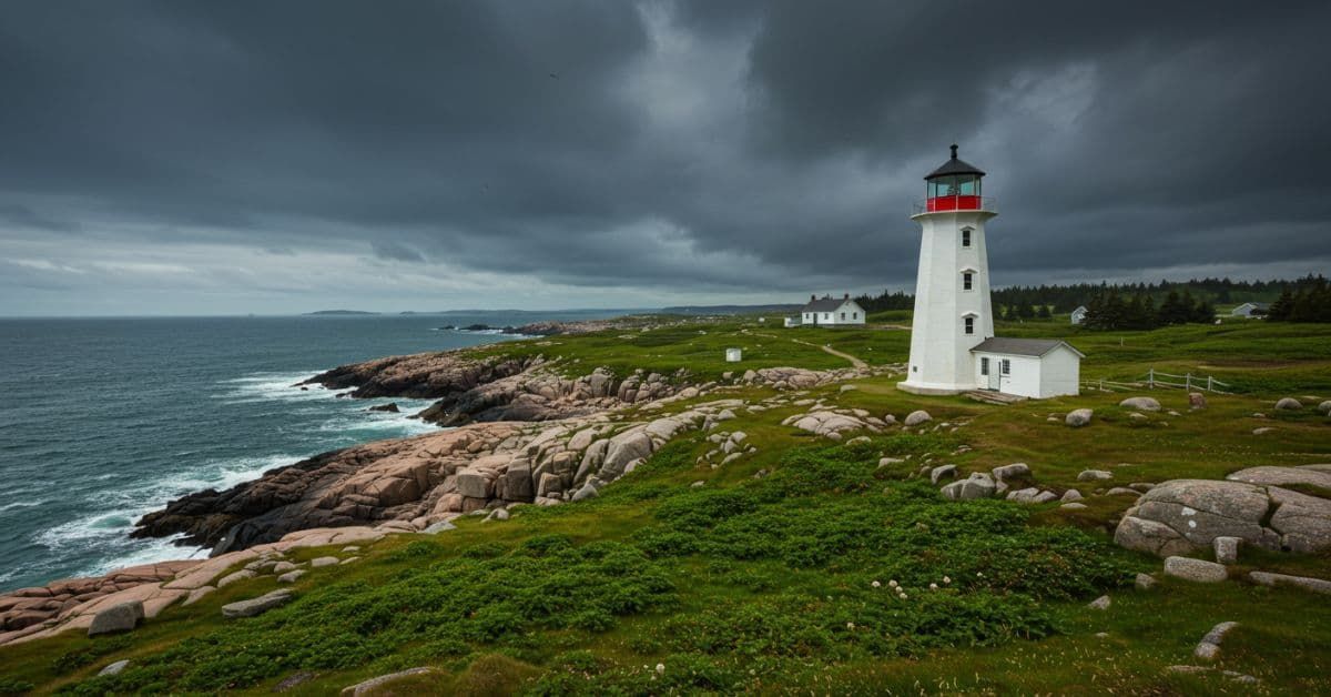 White lighthouse on a rocky coastline in Nova Scotia with dramatic storm clouds overhead and waves crashing below.