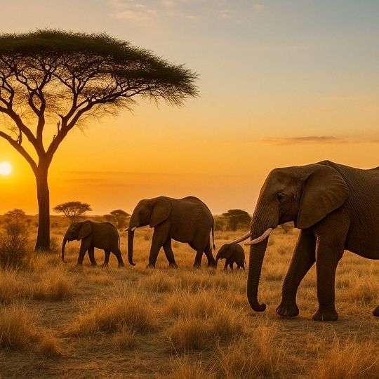 Elephant herd walking along the Chobe River in Botswana