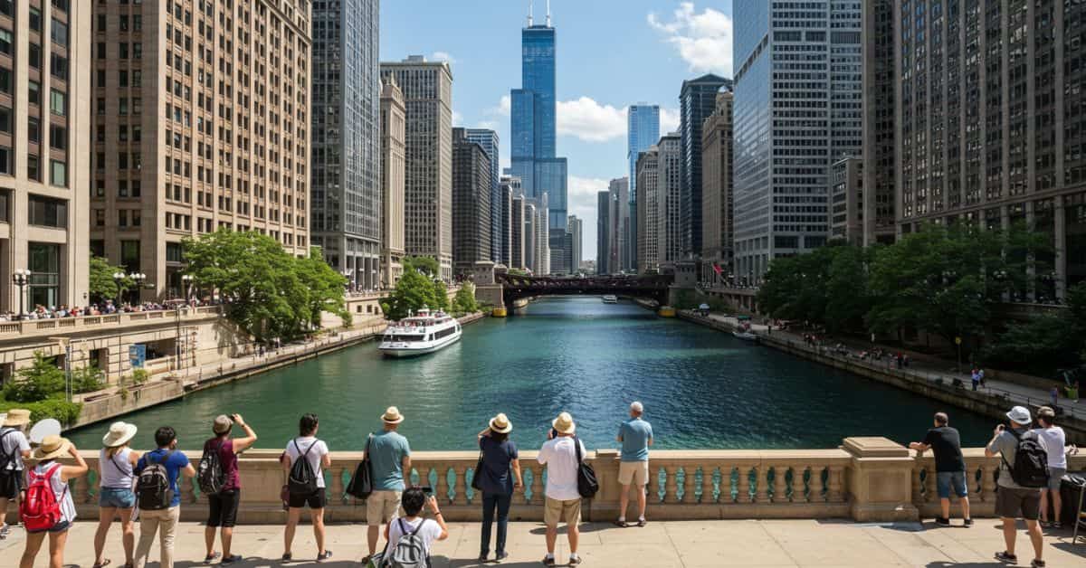 Chicago river. Tourists are enjoying the view