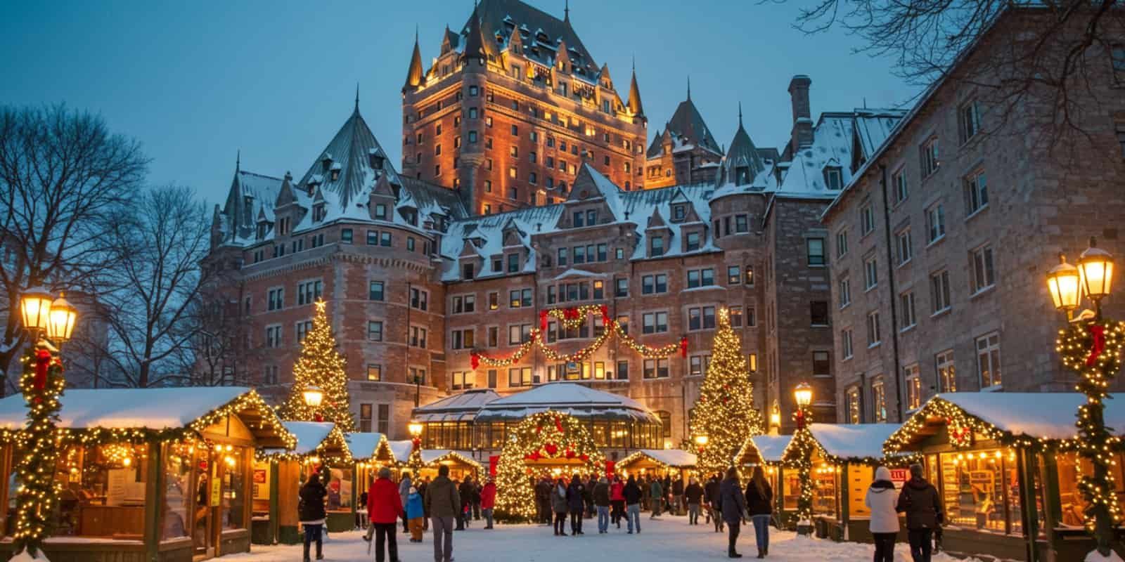 Christmas market in front of Château Frontenac in Quebec City, with festive lights, decorated stalls, and people walking through the snowy scene at dusk. desktop
