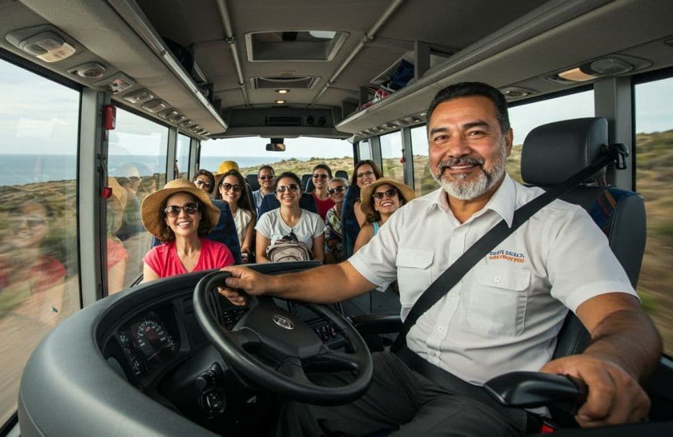 Smiling bus driver behind the wheel with CosmoVista Tours