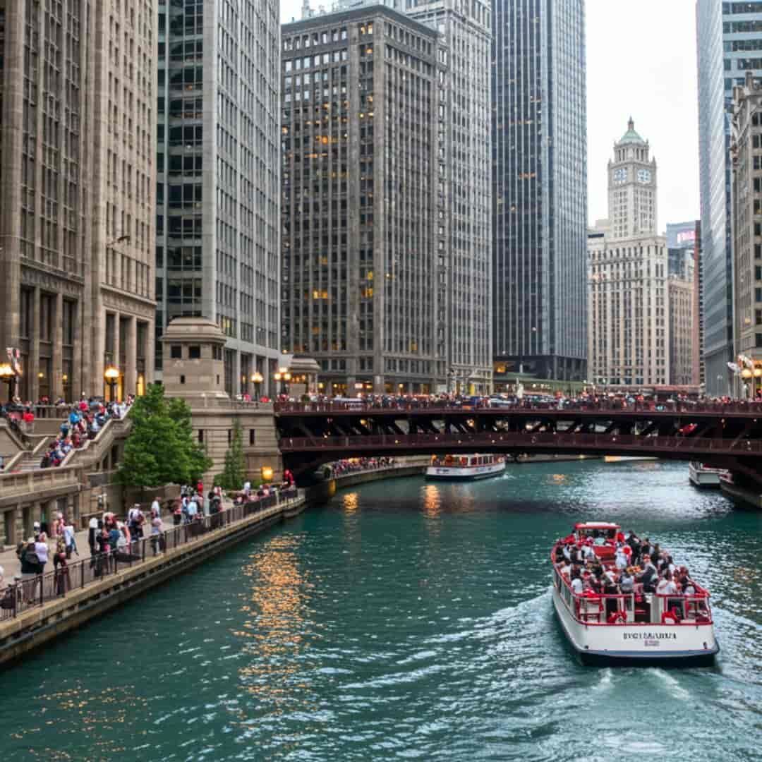 A sightseeing cruise boat glides along the Chicago River, surrounded by towering city skyscrapers.