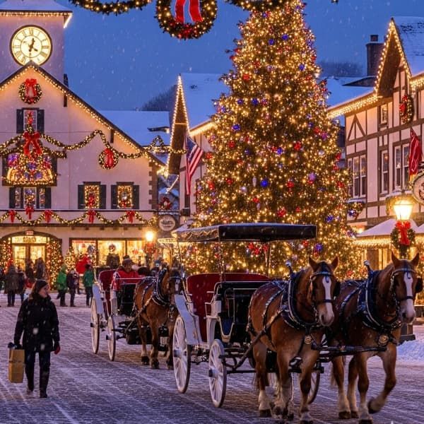 A snowy Christmas evening in Frankenmuth, Michigan