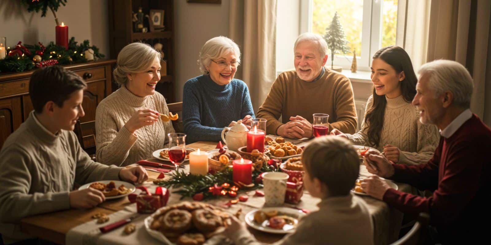 Multi-generational family enjoying Christmas dinner together on a festive holiday tour.