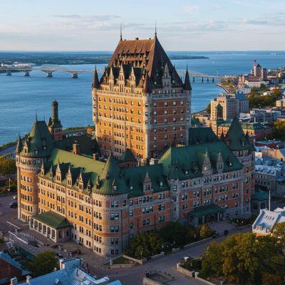 A scenic, high-angle view of the Château Frontenac hotel and Quebec City, with the St. Lawrence River in the background.
