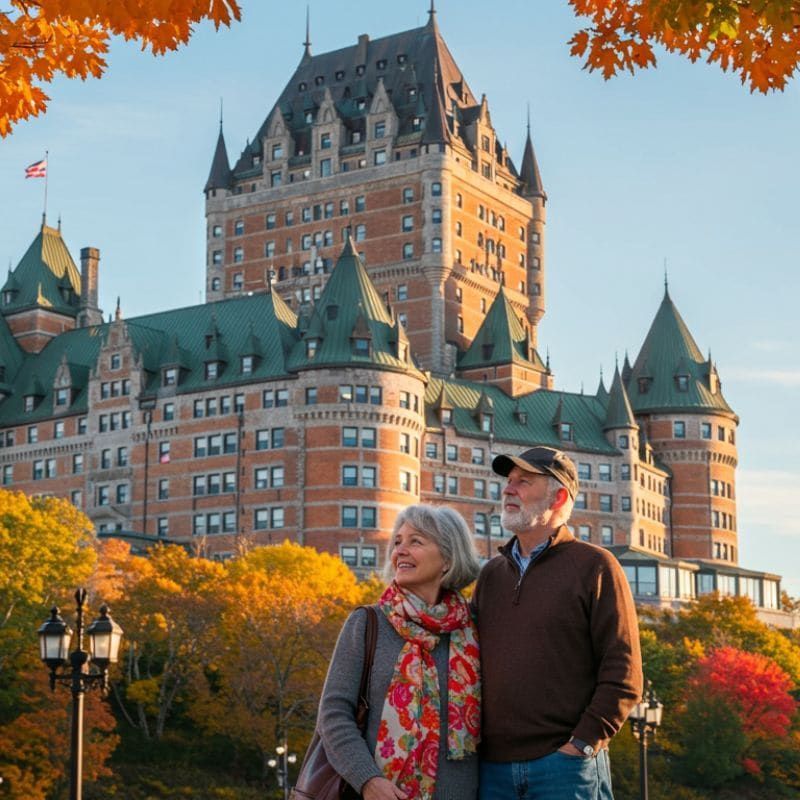 A male and a female tourists are standing in front of Hotel Frontenac surrounded by bright fall leaves