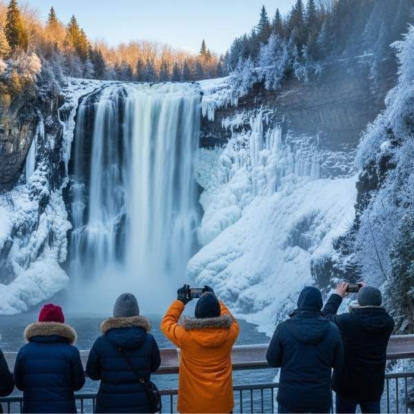 Travelers photographing snow-covered Montmorency Falls during winter.