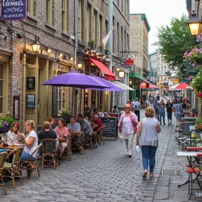 Old Montreal cobblestone street with outdoor cafés, purple umbrellas, and tourists dining and walking — capturing the French charm of Montreal.