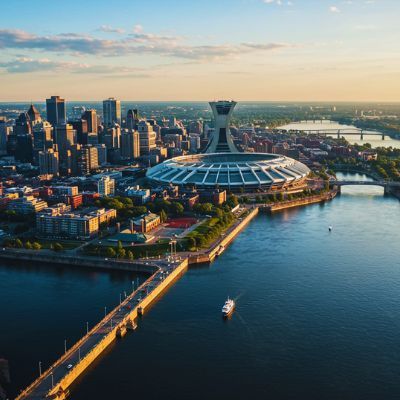 A scenic, aerial view of the Montreal skyline and the Olympic Stadium.