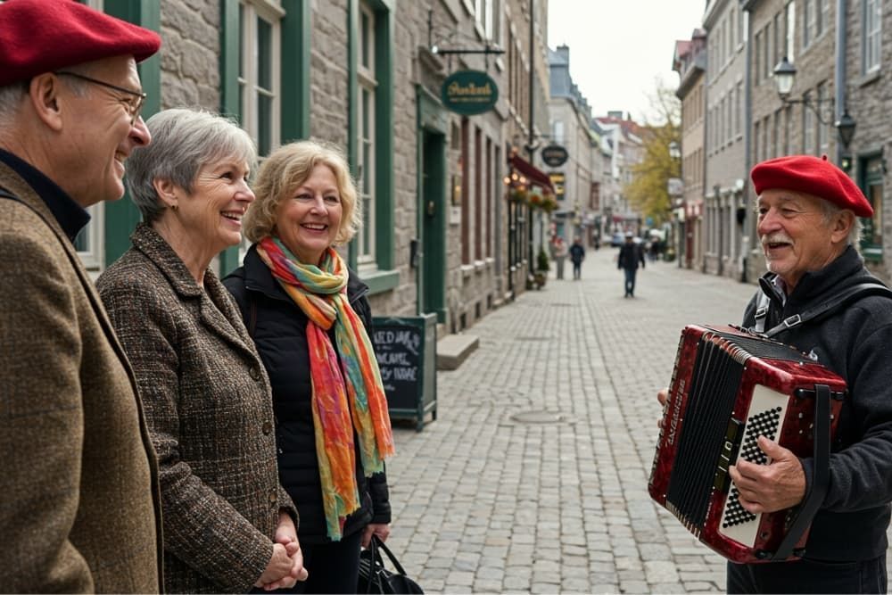 A street musician in Old Quebec plays the accordion for a small crowd of tourists, capturing the festive, European-style atmosphere.