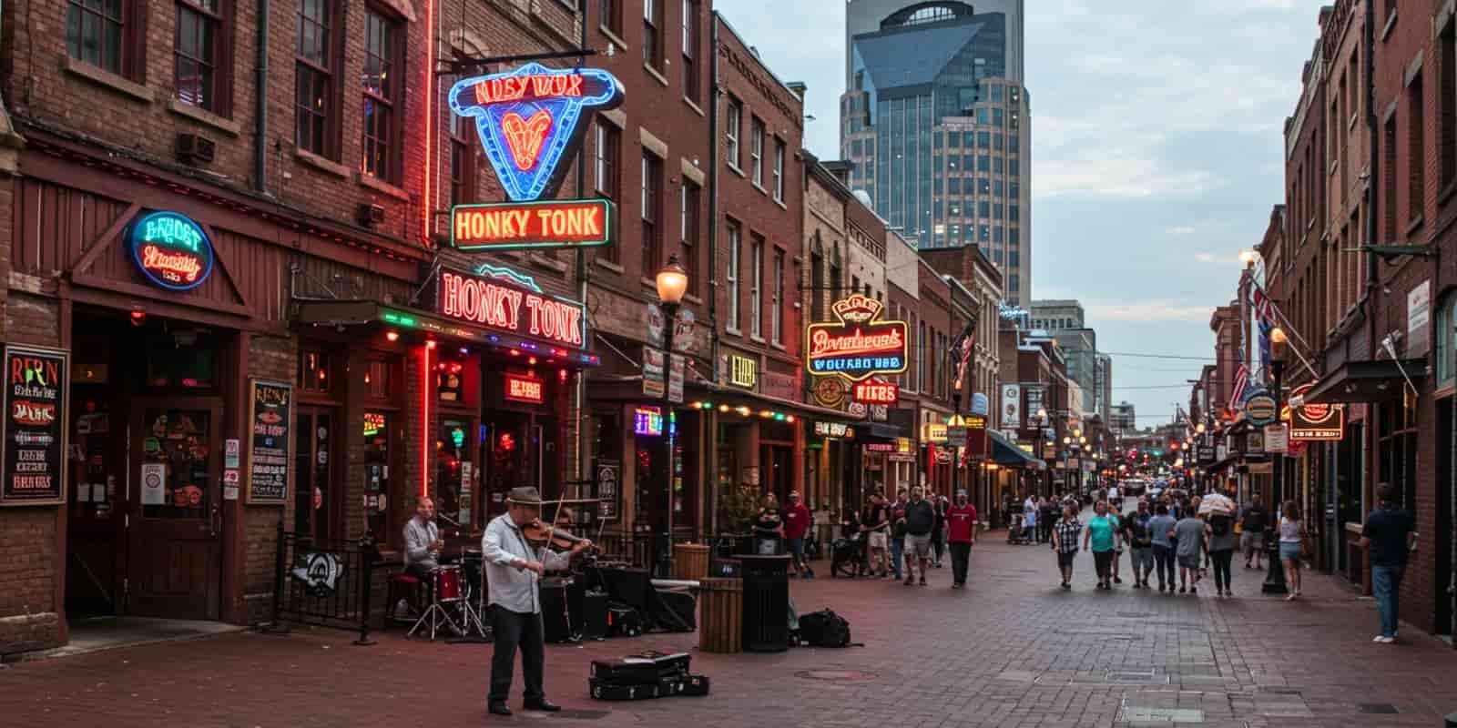 Street musician playing violin on Broadway in downtown Nashville