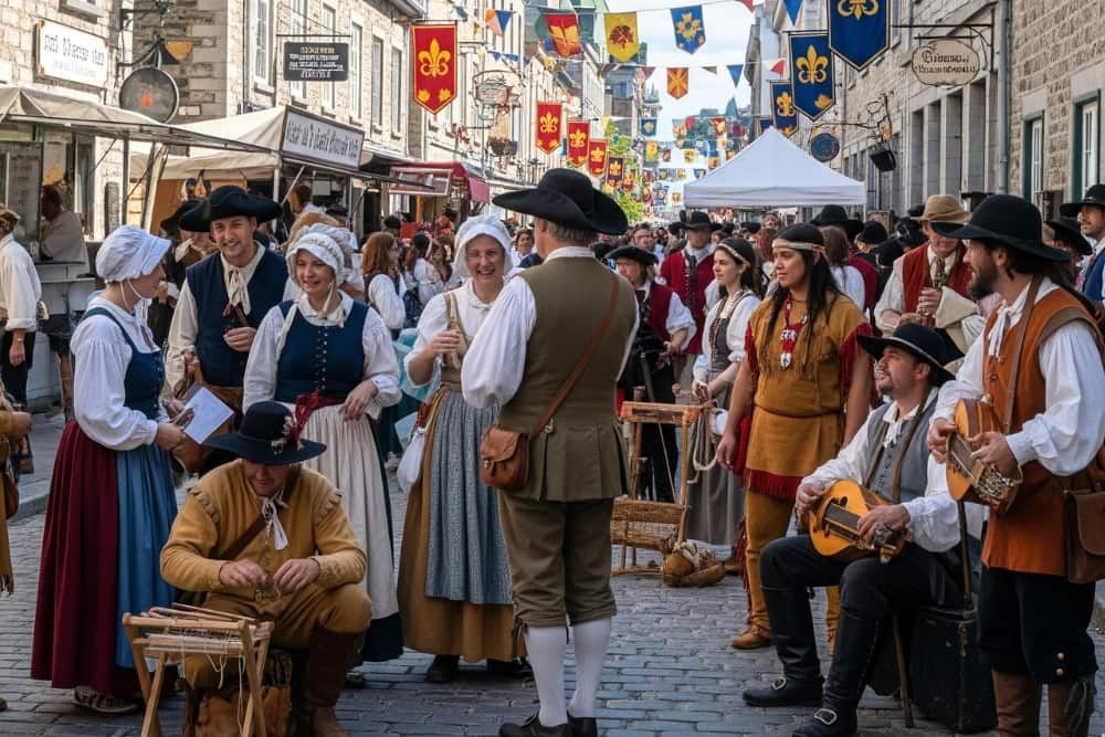 Tourists happily walking through the historic cobblestone streets of Old Quebec, admiring the architecture.