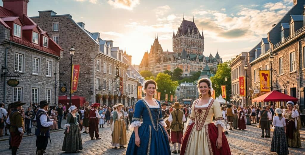 A senior woman, a tourist on a CosmoVista tour, is seen enjoying a walk through the charming streets of Old Quebec on a crisp autumn day.