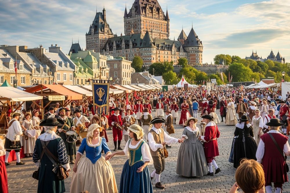 A street musician in Old Quebec plays the accordion for a small crowd of tourists, capturing the festive, European-style atmosphere.