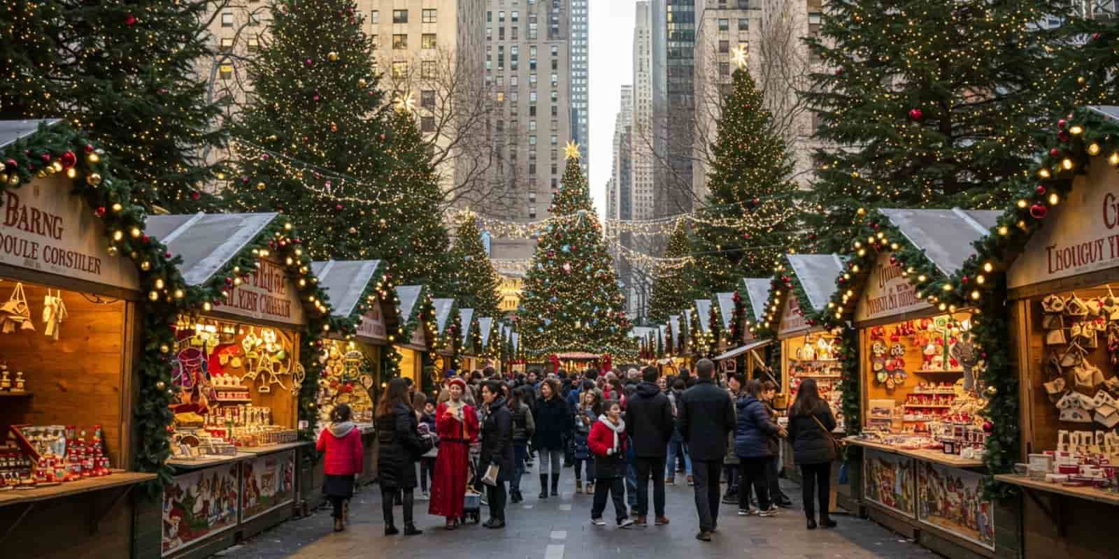NYC Christmas market with festive stalls, lights, trees, and holiday shoppers.