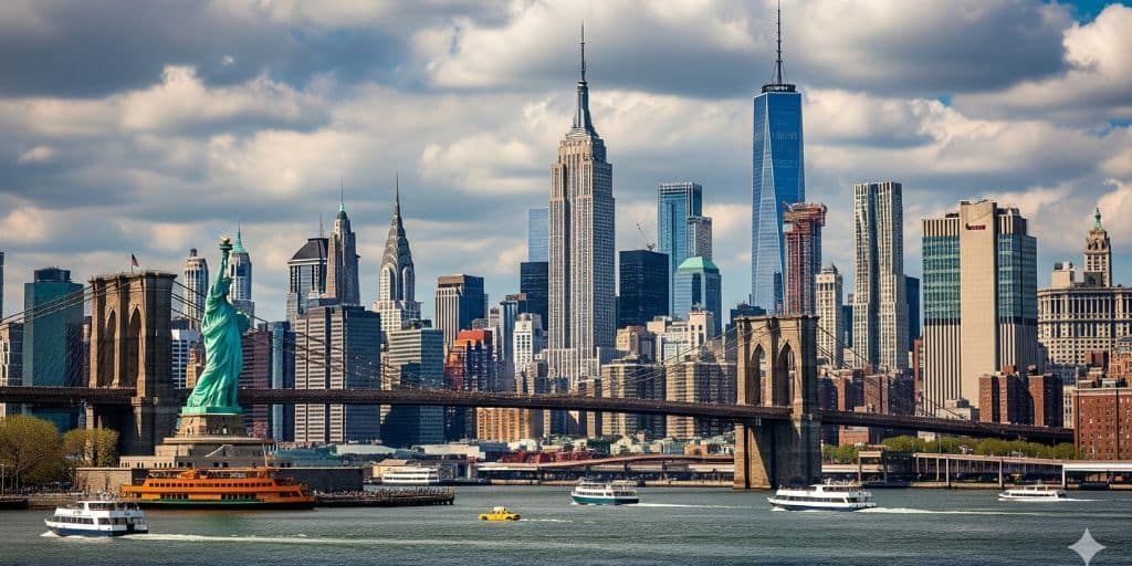 An iconic view of the New York City skyline, with the Statue of Liberty and the Brooklyn Bridge.