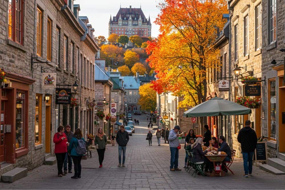 Tourists happily walking through the historic cobblestone streets of Old Quebec, admiring the architecture.