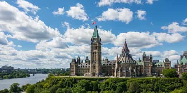 Parliament Hill in Ottawa, bright blue sky