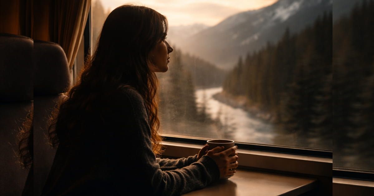 Woman traveling by train through mountain scenery, symbolizing movement and new perspective