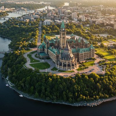 An aerial view of Parliament Hill in Ottawa, with the city and the Ottawa River.