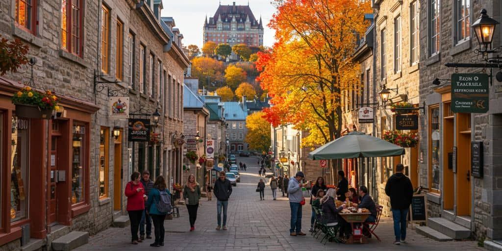 Charming stone street in Old Quebec during fall, lined with boutiques and cafés, with vibrant autumn foliage and Château Frontenac in the background. 