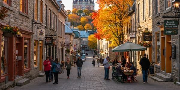 Charming stone street in Old Quebec during fall, lined with boutiques and cafés, with vibrant autumn foliage and Château Frontenac in the background.