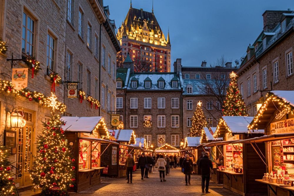 Tourists happily walking through the historic cobblestone streets of Old Quebec, admiring the architecture.