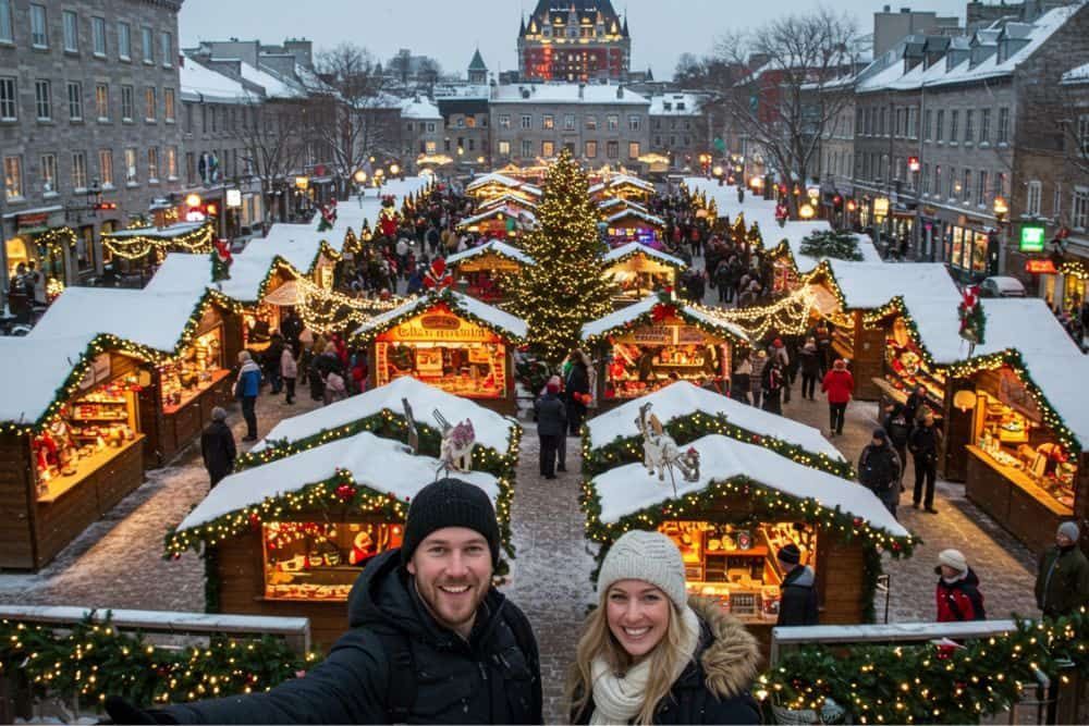 A senior woman, a tourist on a CosmoVista tour, is seen enjoying a walk through the charming streets of Old Quebec on a crisp autumn day.