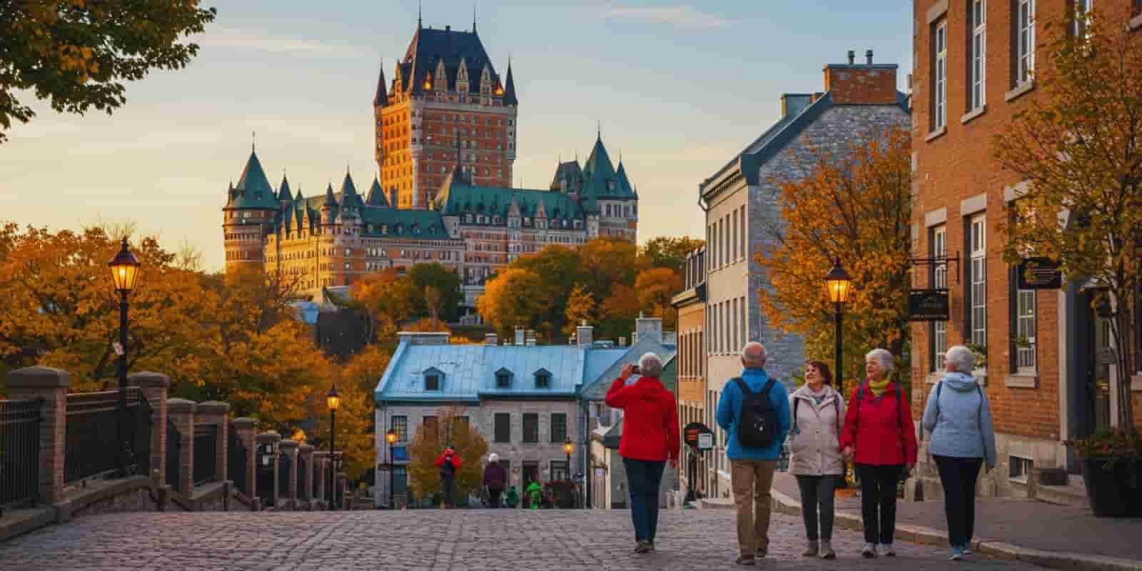 Senior travelers walking along a cobblestone street in Old Quebec City during fall
