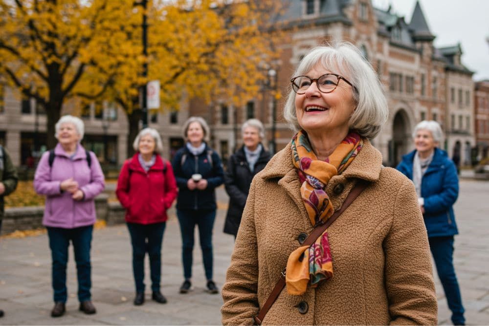 A senior woman, a tourist on a CosmoVista tour, is seen enjoying a walk through the charming streets of Old Quebec on a crisp autumn day.