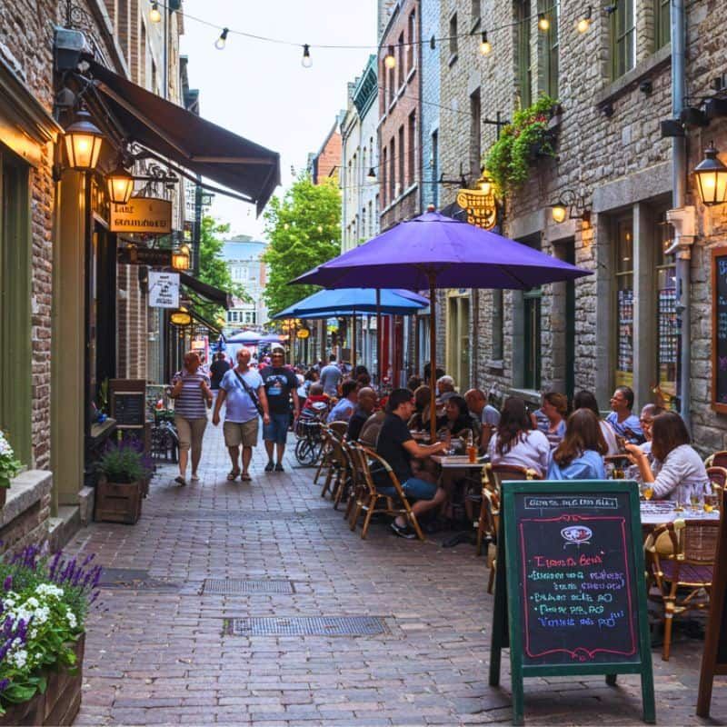 
A bustling cobblestone alley lined with restaurants and outdoor patios. People are seated at tables under large umbrellas while others stroll along the street in front of charming brick and stone buildings.
