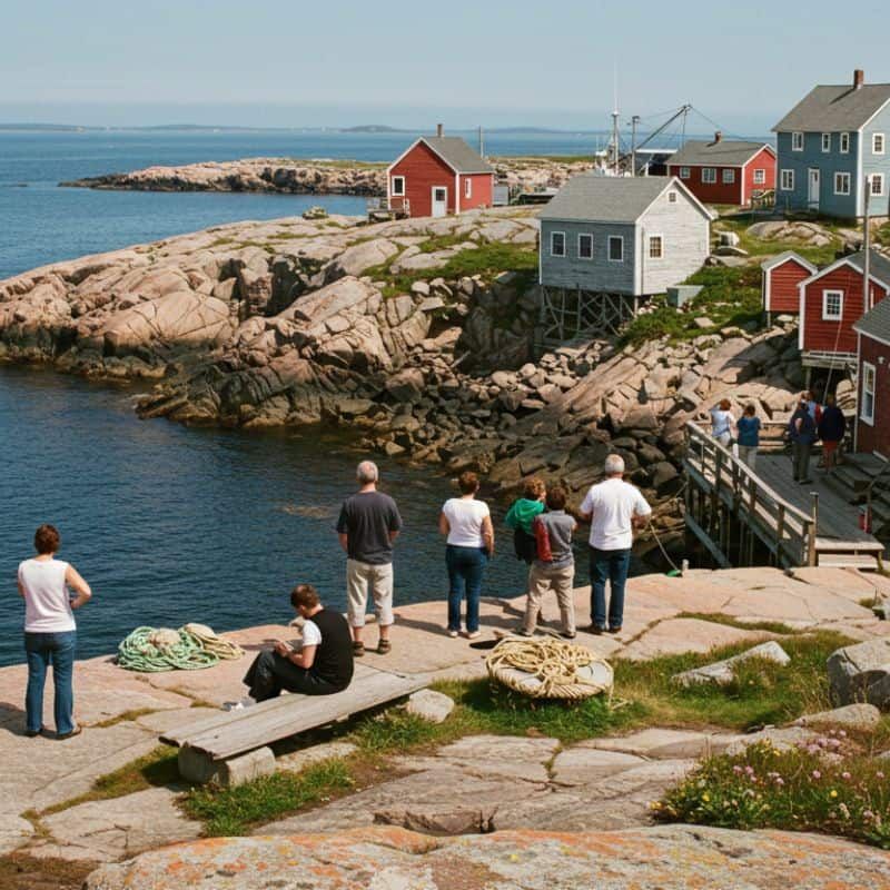 Visitors on a rocky shoreline in a Nova Scotia fishing village with red and grey wooden houses and a small dock by the ocean.