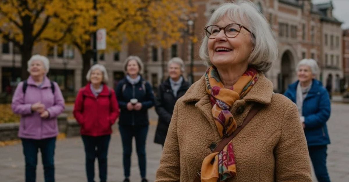 Smiling senior woman leading a small group of solo travelers during a guided walking tour in a historic city setting with autumn trees in the background.