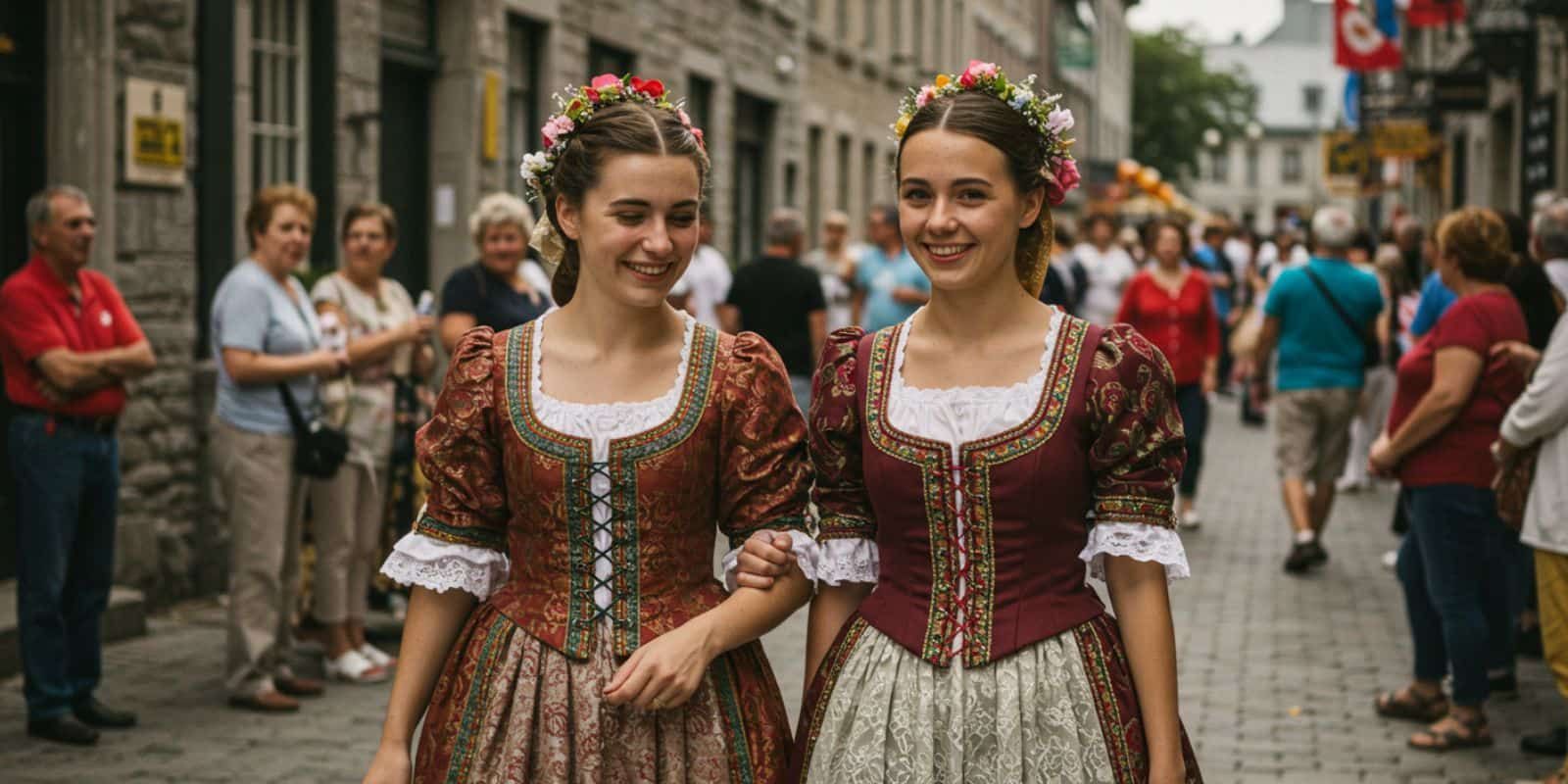 Two young women in traditional French dresses smiling at the New France Festival in Old Quebec City.