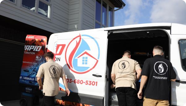 A group of men are standing in front of a white van.